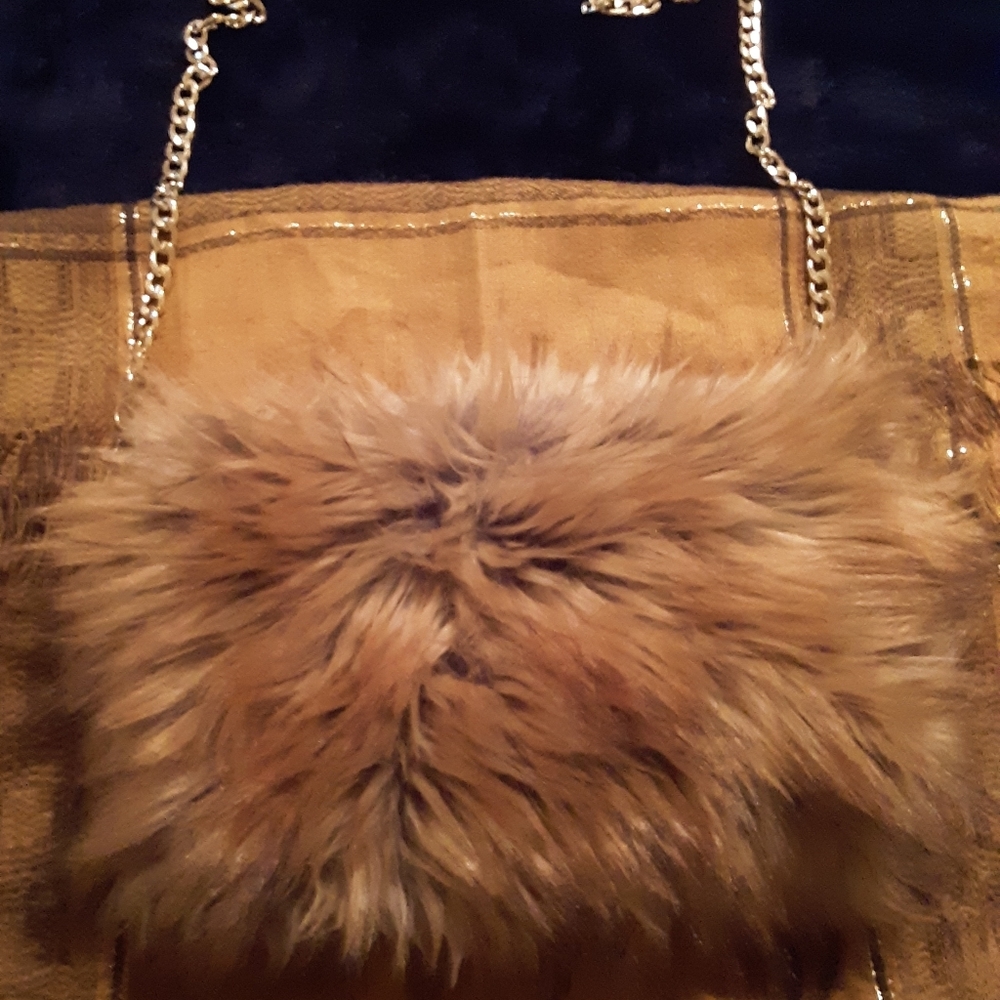 Mustard colored faux fur clutch purse